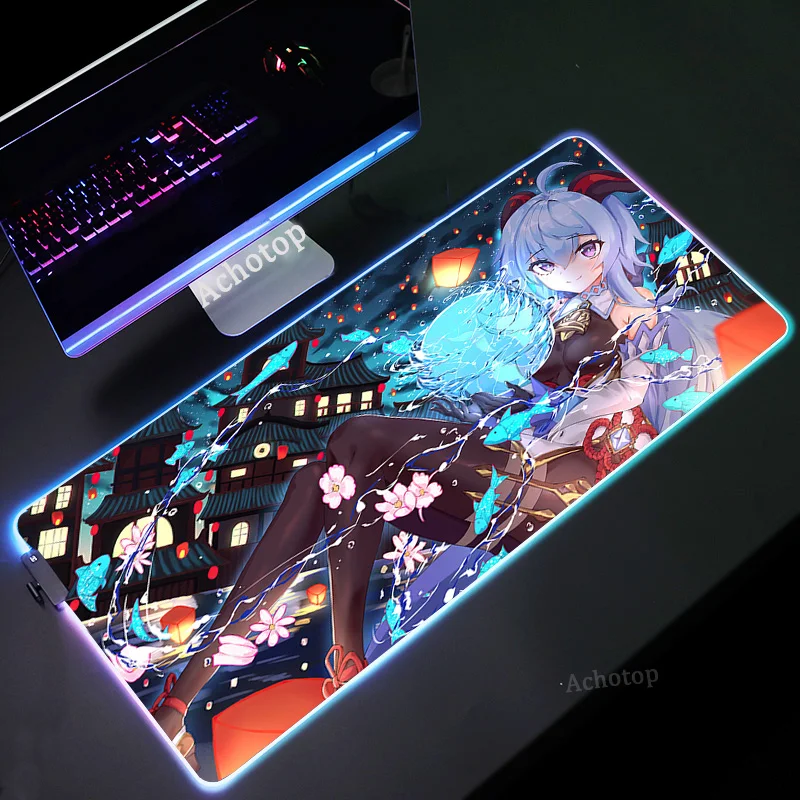 Genshin impacto anime mouse pad pc gamer rgb computador portátil led teclado tapete do rato xxl luminoso grande mousepad teclado tapete de mesa