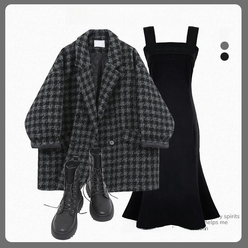 

plus Size Autumn Outfit Skirt Set Women's Slimming Meat Covering Age Reduction Small Fraance Sle Woolen Coat Fi Tail Sk...