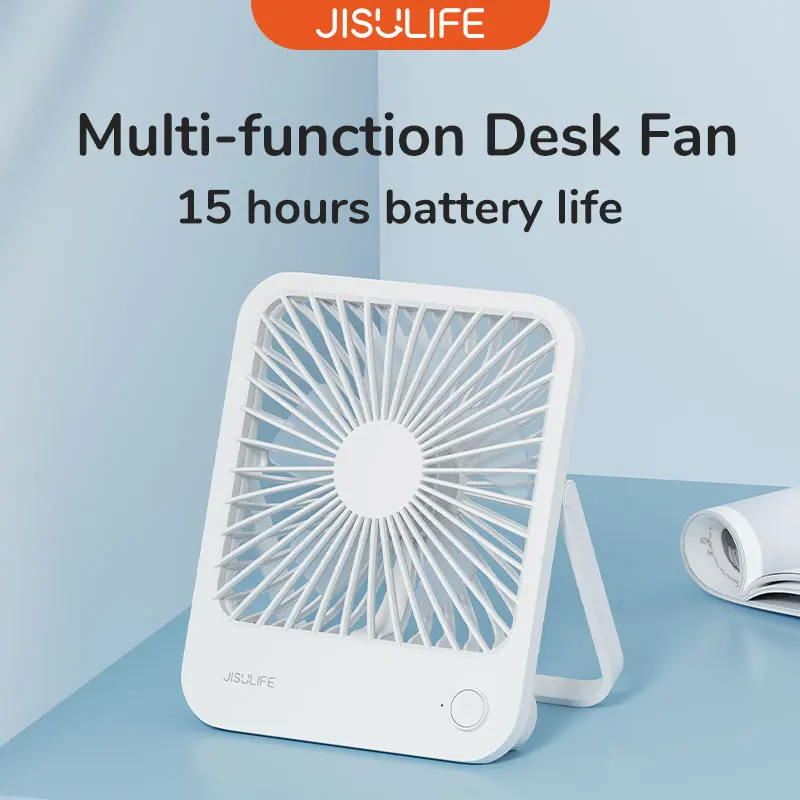 JISULIFE Przenośny Mały Wentylator Biurkowy Ultra Cichy Wentylator Stołowy USB Akumulatorowy Wentylator Chłodzący z 4 Prędkościami i Mocnym Wiatrem, Wentylator do Biura
