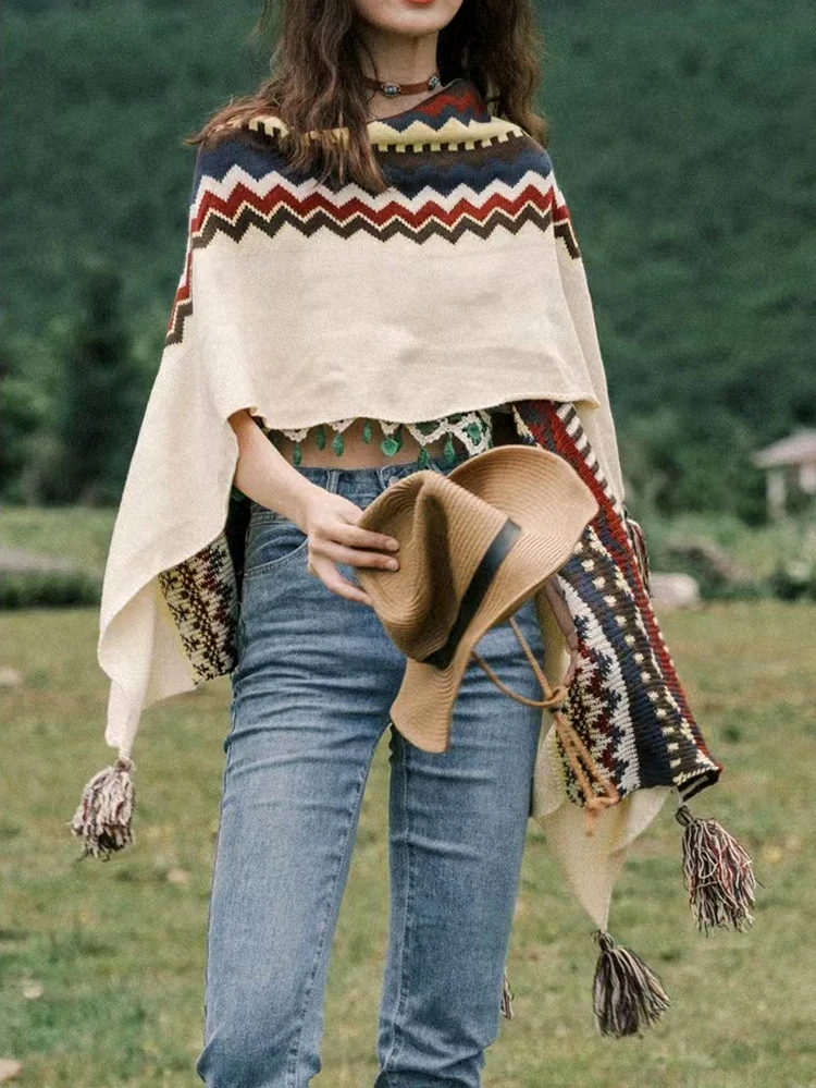Capas Tejidas Estilo Boho Vintage Chic para Mujer, Ponchos Cálidos a Rayas para Otoño e Invierno, Capas con Borlas, Ponchos de Exterior