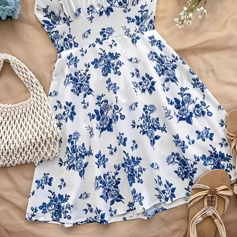 Elegant Floral Print Women's Summer Mini Dress Sexy Bohemian Backless Strap Sundress Casual Sleeveless Holiday Short Dresses