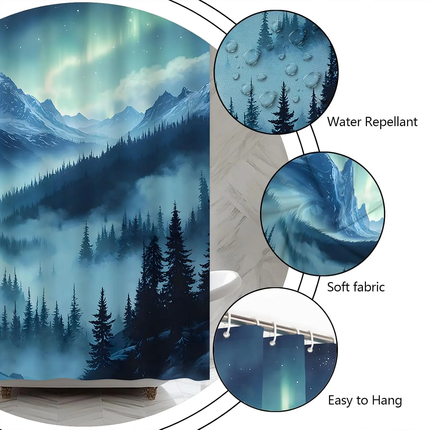 Premium Waterproof Polyester Shower Curtain Northern Lights Aurora Borealis Mountain Landscape Forest Mist Bathroom Decoration