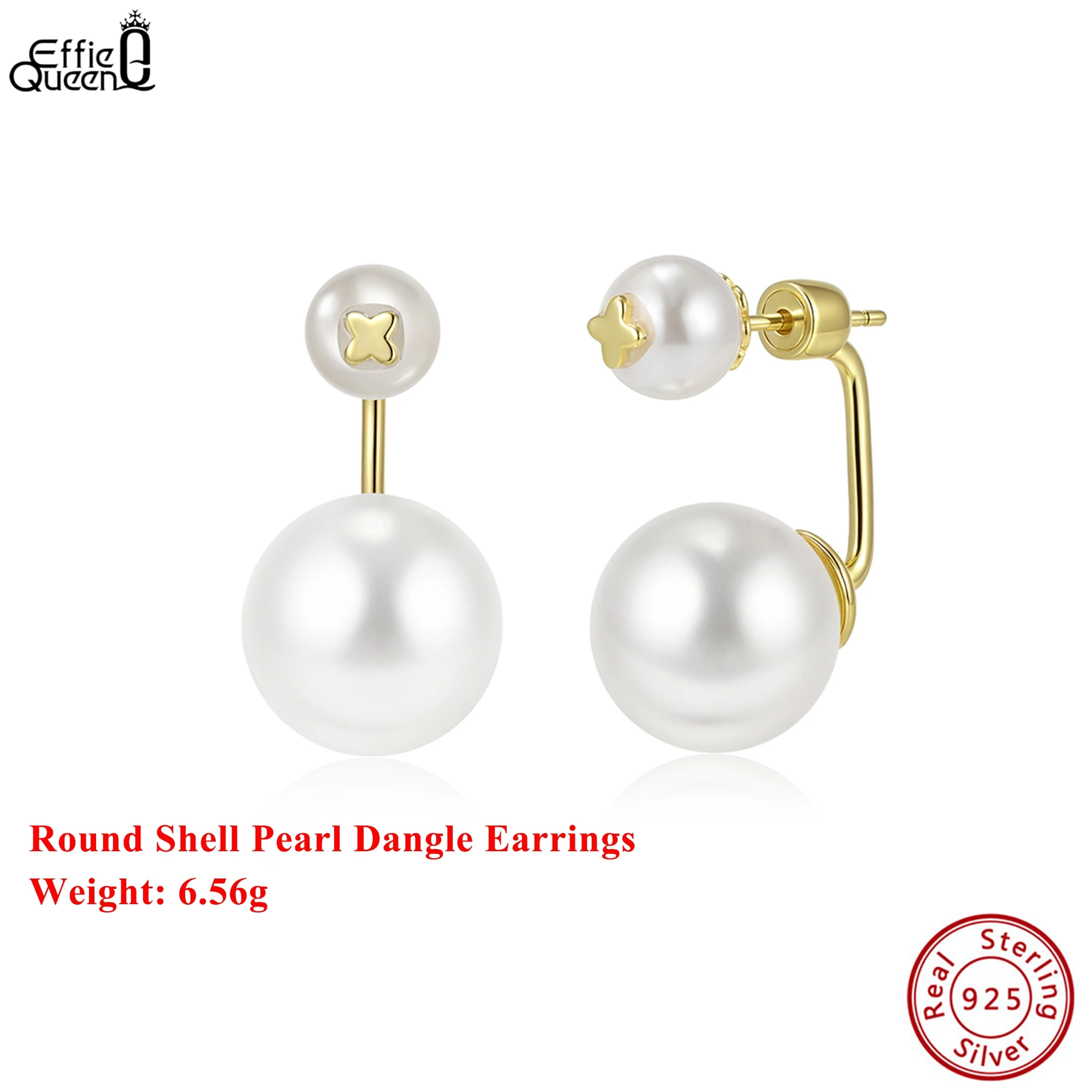 

Effie Queen 925 Pure Silver 14k Gold Round Shaped Shell Pearl Dangle Earrings Banquet Jewelry for Women Wedding Party Gift PSE03