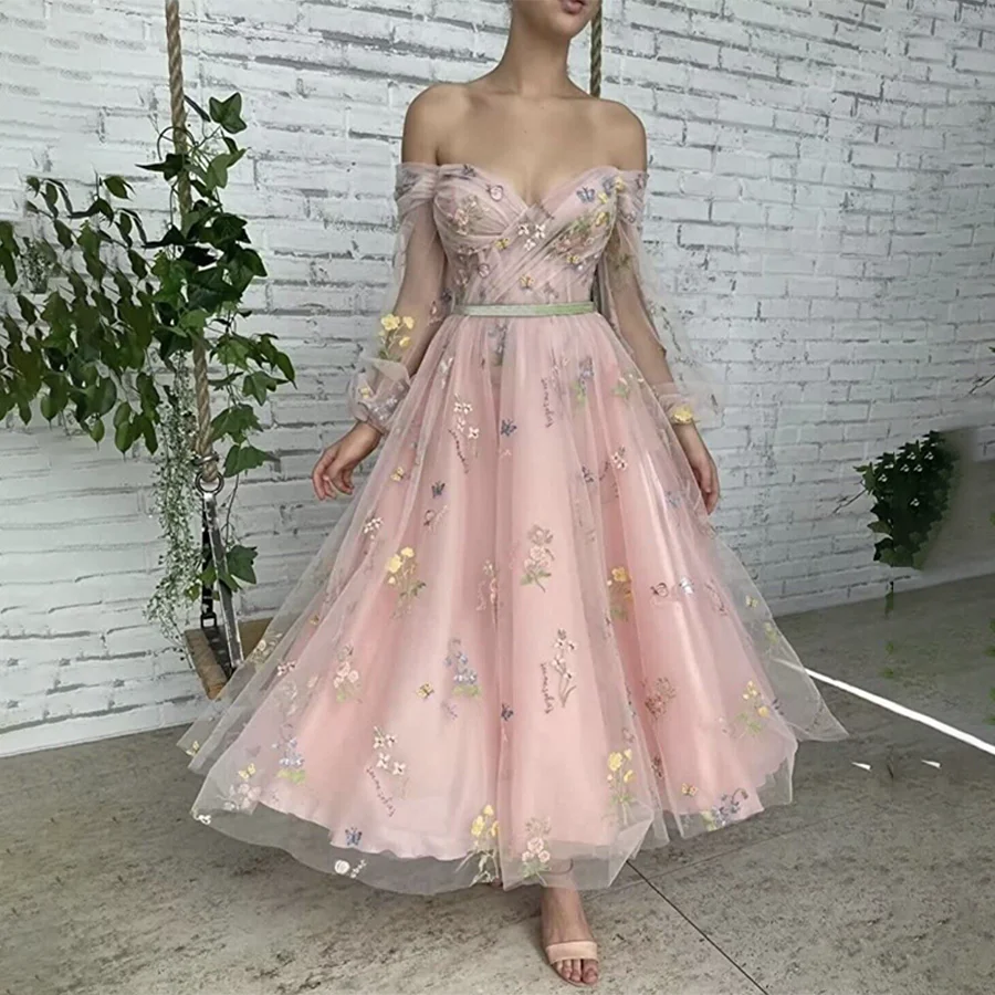 

One-Shoulder Flowers Printed Fabric Designs Sweetheart Three Quarter Sleeves Party Dress Back Lace Up Prom Dress For Gils.