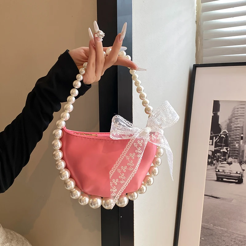 

Meet You Women Retro Lace Bow Handbag Sweet Girls Pearl Handle Chains Evening Bag Female Soft Nylon Crossbody Bag Purse 2024