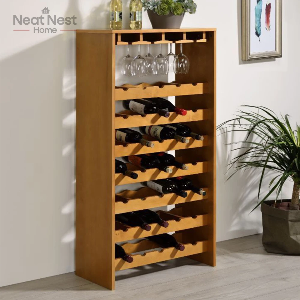 

Modern Floor Wine Cabinet,Wooden Wine Rack with 7 Tier Shelf & 4 Cup Holder,Built-in Wine and Stemware Rack,bar cabinet,Oak