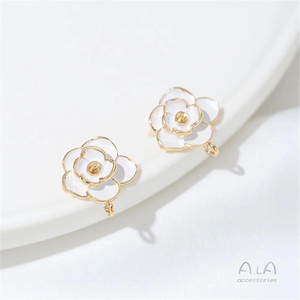 14K Gold-plating Painting Oil Camellia Bead Holder with Rings Earrings DIY Handmade Pearl Silver Needle Ear Jewelry Material