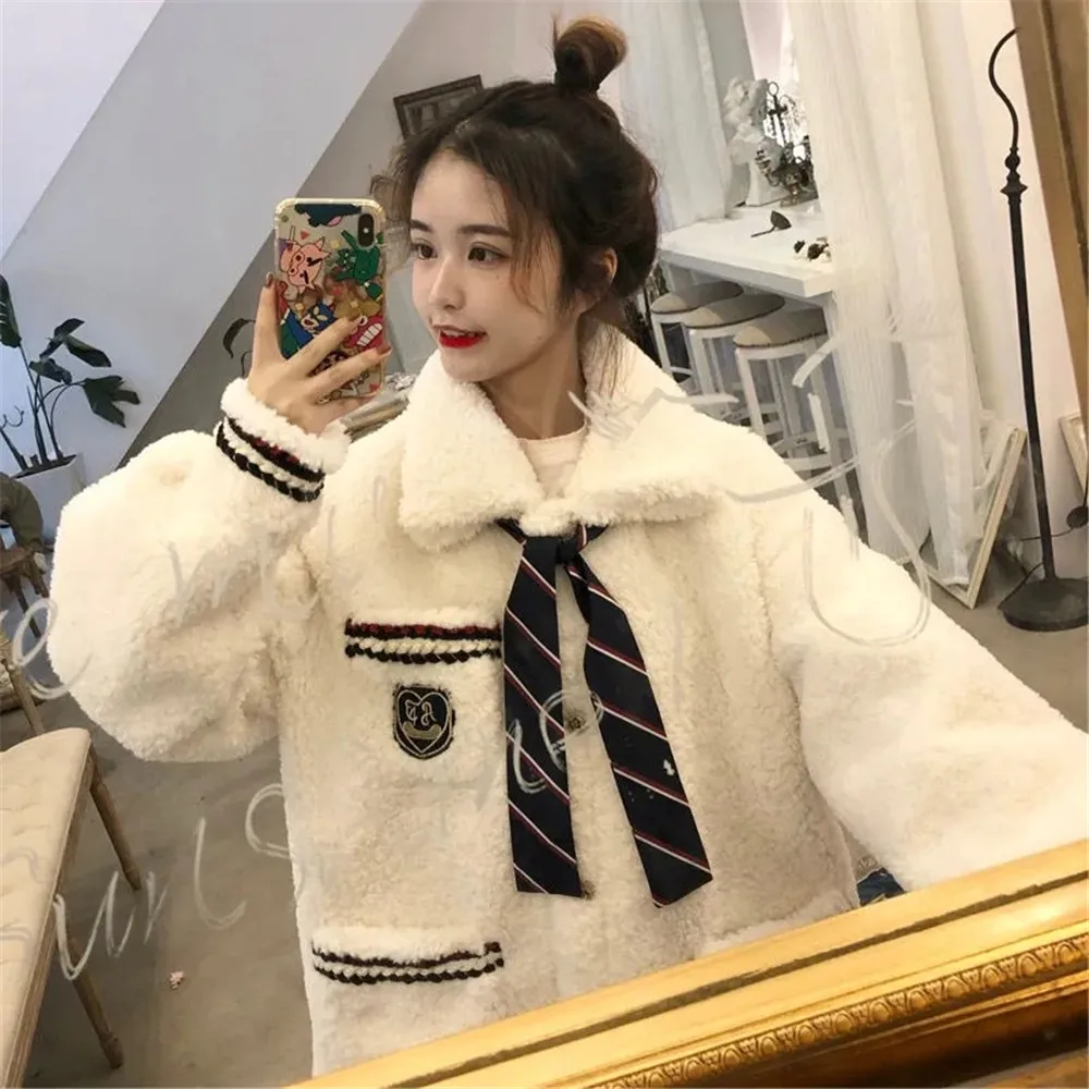 Winter Loose Thickened Warm Faux Lamb Fur Coat Women Solid Pockets  Japanese Fashion Outwears Korean Students Lady Jk Jacket