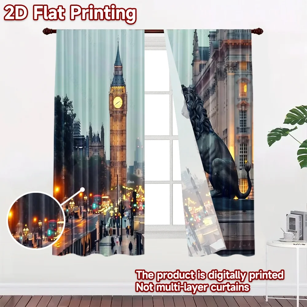 2D flat 2pcs Curtain Vintage drapes and curtains London Lion and Big Ben Durable polyester fiber Party & Holiday Decor Use for