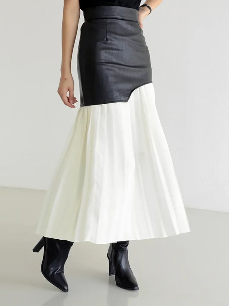 White Pleated Women Skirt Autumn Winter Leather A Line High Waist Women Skirt