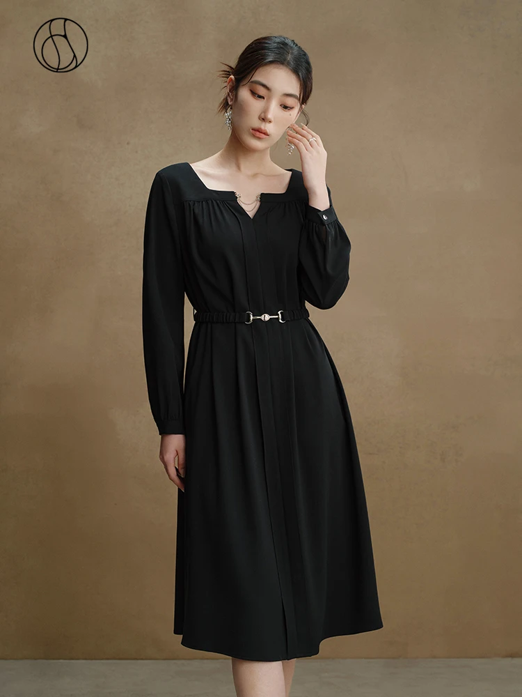 

DUSHU [High-end Black Label Series] Temperament Commute Style High Waist Dress for Women Autumn Newly Square Neck A-Line Dress