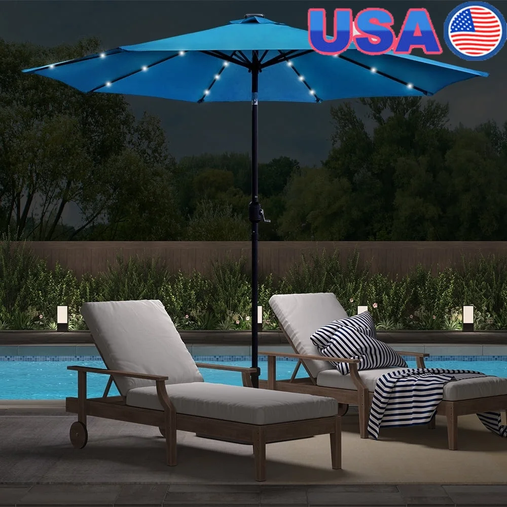 

9ft Solar LED Lighted Patio Umbrella Market Umbrella Outdoor Garden Pool Beach Crank Tilt Durable UV Water Resistant Canopy