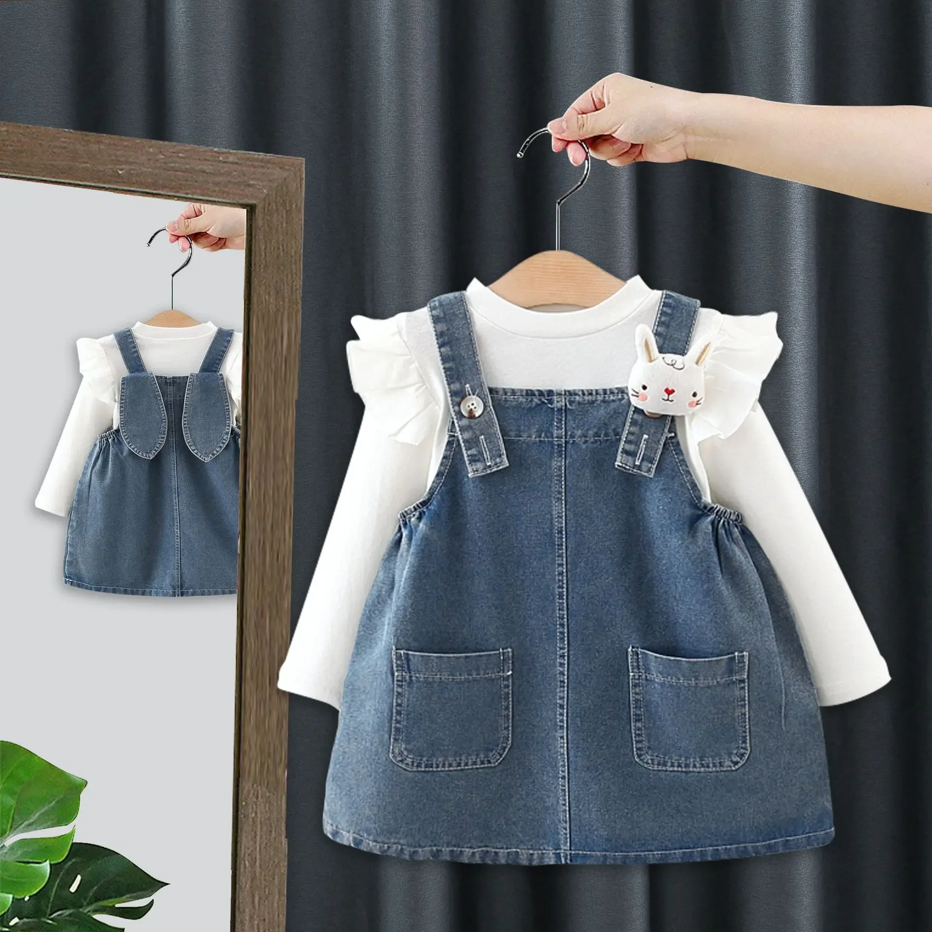 2024 Girls Baby Spring Autumn Clothing Set Cute Rabbit Denim Dress+flying Sleeves Sweaters,Kids Children Birthday Clothes 0-4Y