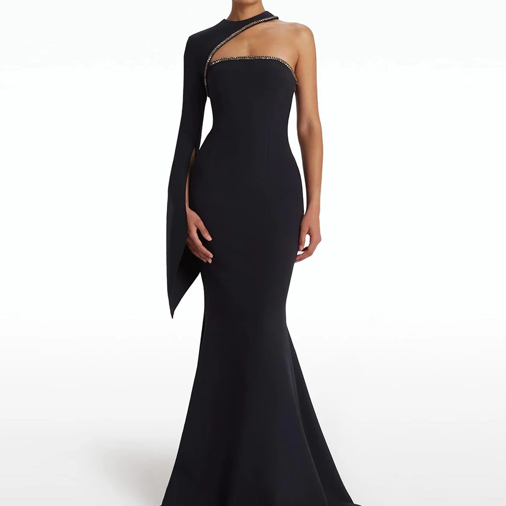 Strapless One Shoulder Long Sleeves Mermaid Floor Length Jersey Crystal Backless Solid Color Elegant Evening Dresses Custom Size