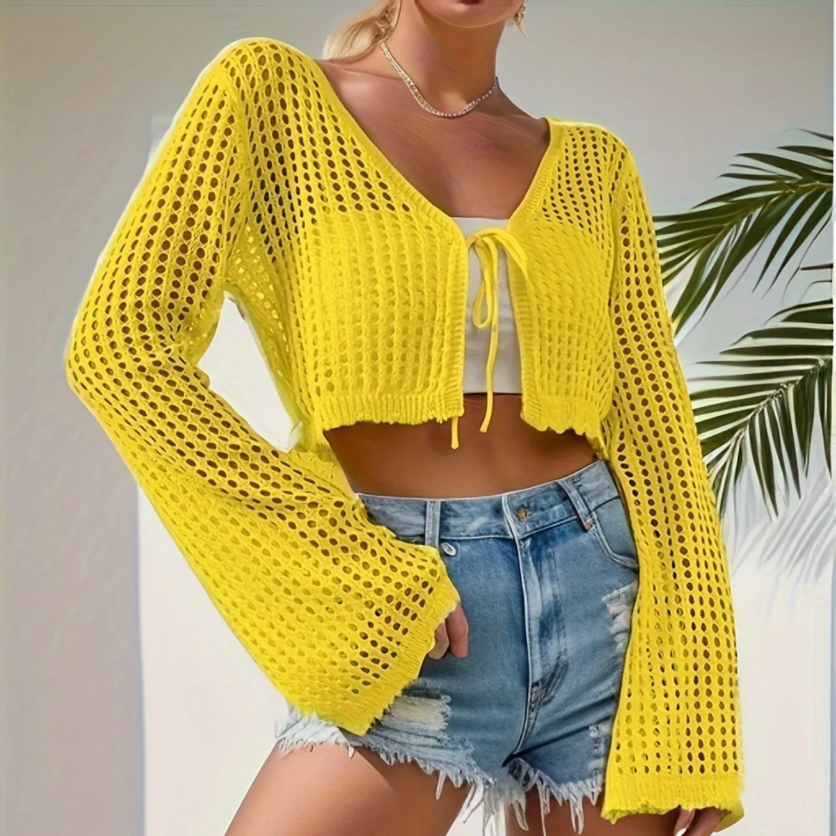 Women's Hollow Out Tie Front Crop Cardigan Sweater,Summer Tops,Women's Knit Clothing, Downtown Girl Clothes, Crochet Tops
