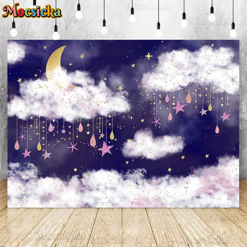 

Starry Sky Cloud Sweet Girl Birthday Art Backdrops For Photo Studio Twinkle Gold Stars Newborn Baby Birthday Portrait Background