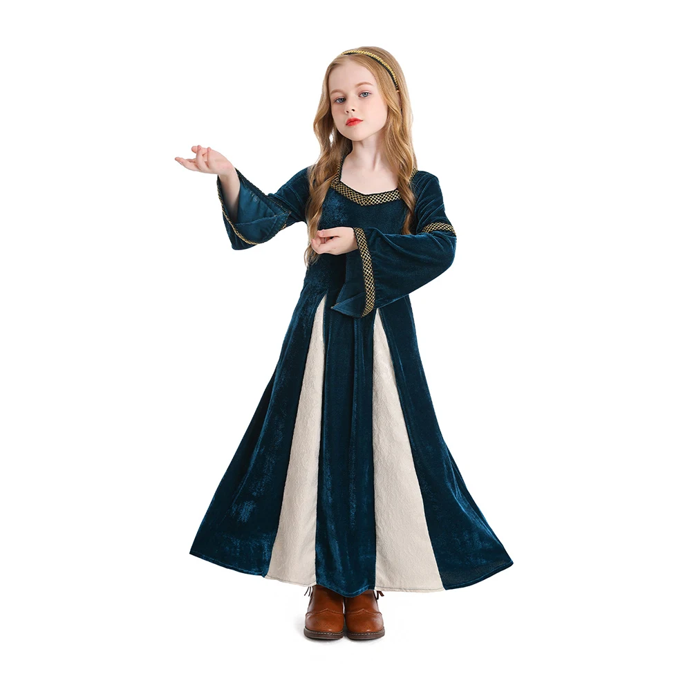 Kids Girls Medieval Princess Cosplay Royal Court Costume Flare Sleeve Dress Gown Renaissance Dance Performance Stage Suits