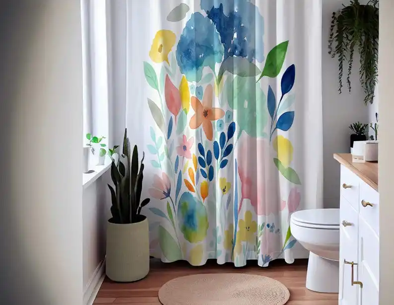 Watercolor Floral Shower Curtain, Colorful Botanical Garden Decor with Modern Flower Art Print, Boho Fresh Spring Bloom Design
