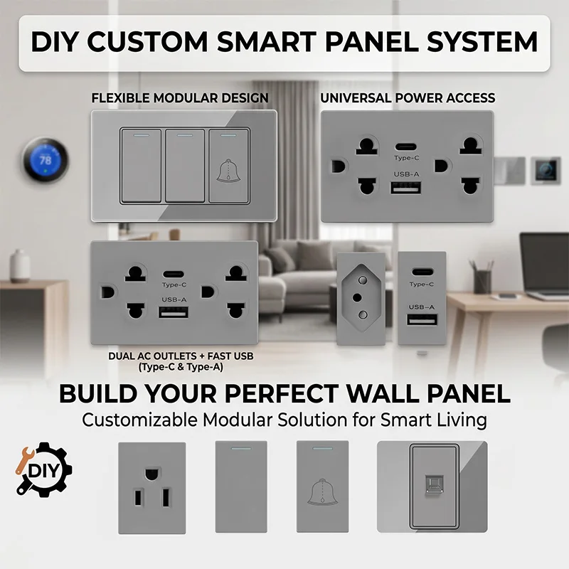 

DIY Modular Wall Plate 2x4 inch with Tempered Glass – NEMA 5-15R Duplex Outlet & US/EU/Italy/Chile Socket Modules Combo