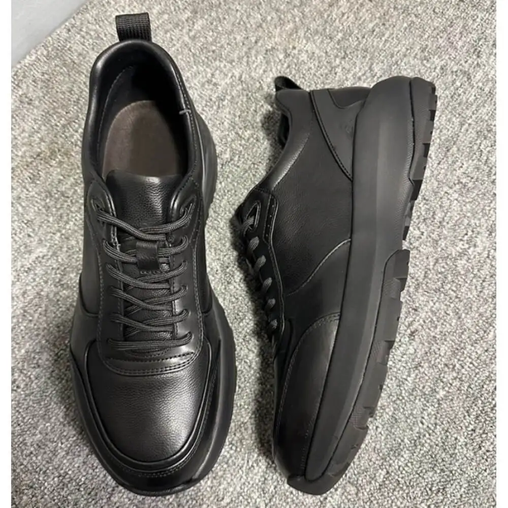 All-Black Leather Casual Sneakers, with matching laces and non-slip thick sole, stylish and comfortable