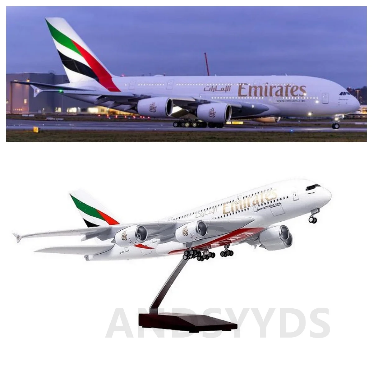 

45CM 1/160 Scale Diecast Model A380 UAE Emirates Airways Resin Airplane With Light And Wheels Toy Collection Plane Ornament