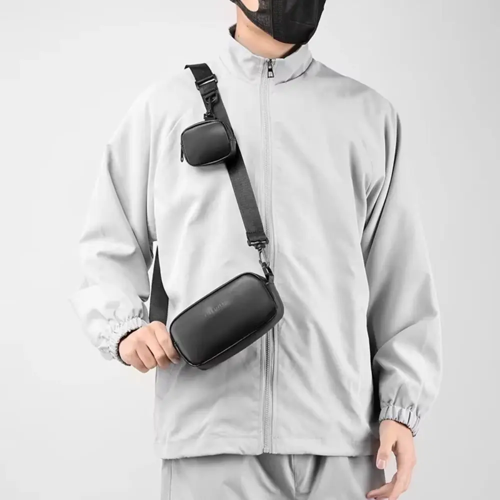 PU Leather Men's Phone Bag High-end with Small Hanging Bag Black Crossbody Bag Square Unisex Mobile Phone Chest Bags for Couple