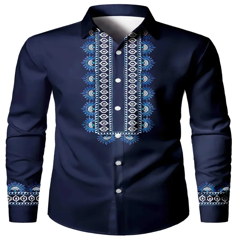 Men's ethnic printed casual shirt - breathable long sleeved button geometric pattern, regular spring and autumn style, machine w