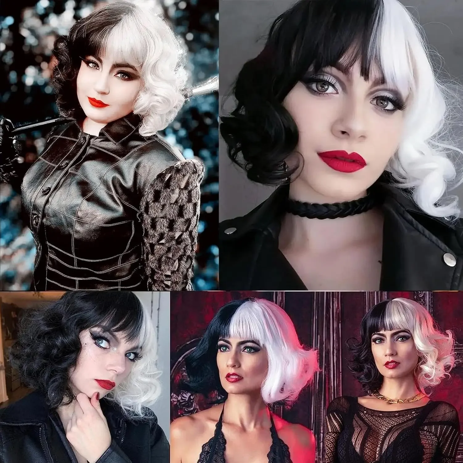 شعر مستعار تأثيري أبيض وأسود الباروكات للنساء زي قصير مستقيم إلى مجعد شعر مستعار بوب متموج مع الانفجارات للحزب تأثيري #3