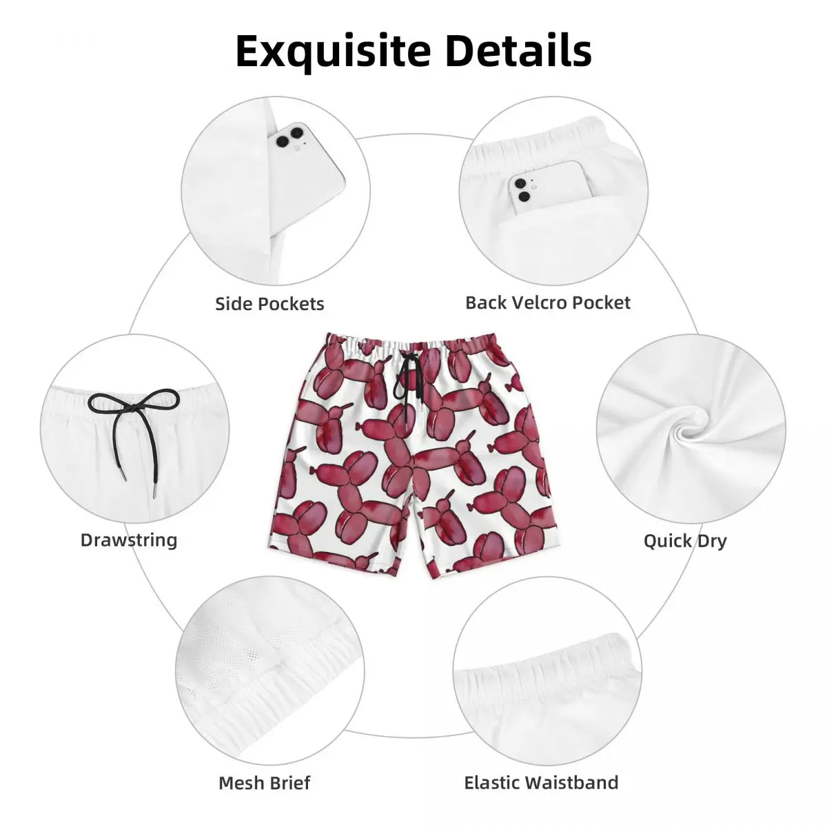 Pantaloncini da surf per cani con palloncino rosso Pittura estiva Y2K Pantaloni corti da spiaggia retrò Costume da bagno con motivo ad asciugatura rapida da surf maschile