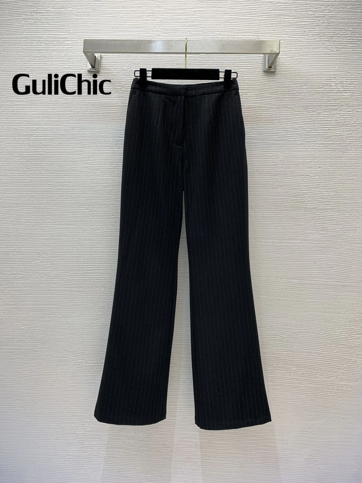 8.12 GuliChic Women High Quality Temperament Fashion Lion Button Striped Slim Sleeveless Vest And High Waist Straight Pants Set