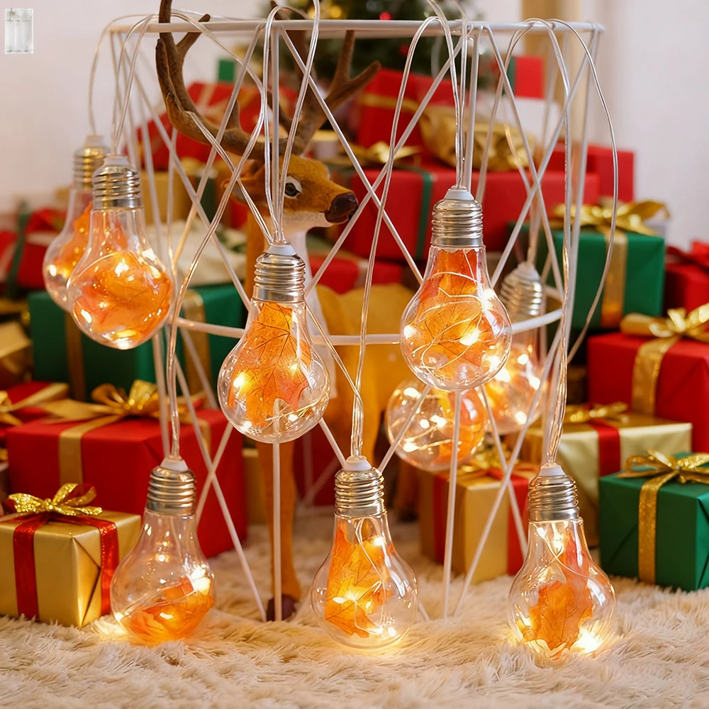 1pc Maple Leaf Copper Wire Bulbs String Christmas Lights, 10 Bulbs  Battery Operated  Warm White Clear Round Ball LED Lights