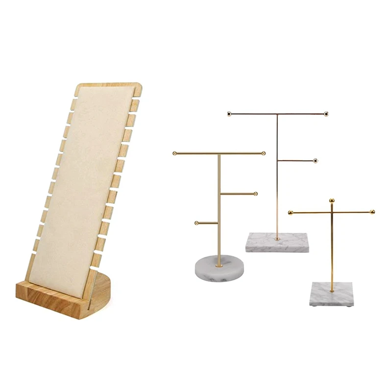 

4 Pcs Necklace Jewelry Stand Jewelry Display Stand Necklace Earrings Rack, 1 Pcs Beige & 3 Pcs White-Gold