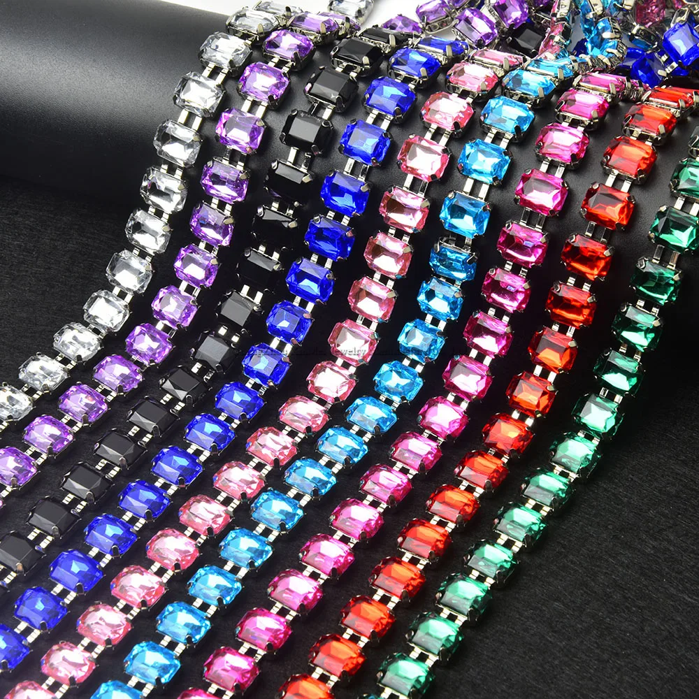 8*10mm Acrylic Strass Rhinestone Trim Glitter Rectangle Crystal Cup Chain Sew on Garment Shoes Wedding Decoration Accessories