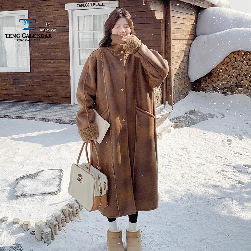 

Имитация меха меха, популярное длинное толстое замшевое пальто из меха ягненка, новая модель женской зимы 2025 года