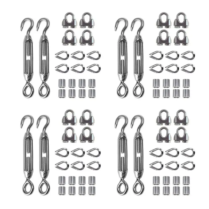 80Pcs Heavy Duty Wire Rope Tension Kits Turnbuckle 1/8 Inch Wire Rope Cable Clip/Clamp Thimble Wire Rope Aluminum Sleeve