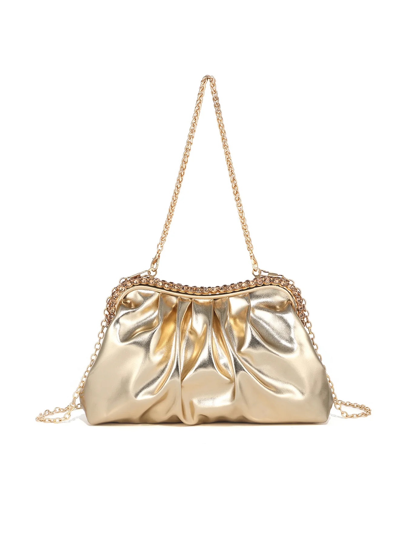 Premium Quiet Luxury PU Leather Pleated Rhinestone Clip Cloud Bag, Fashionable Solid Color Metal Chain Portable Dinner Bag