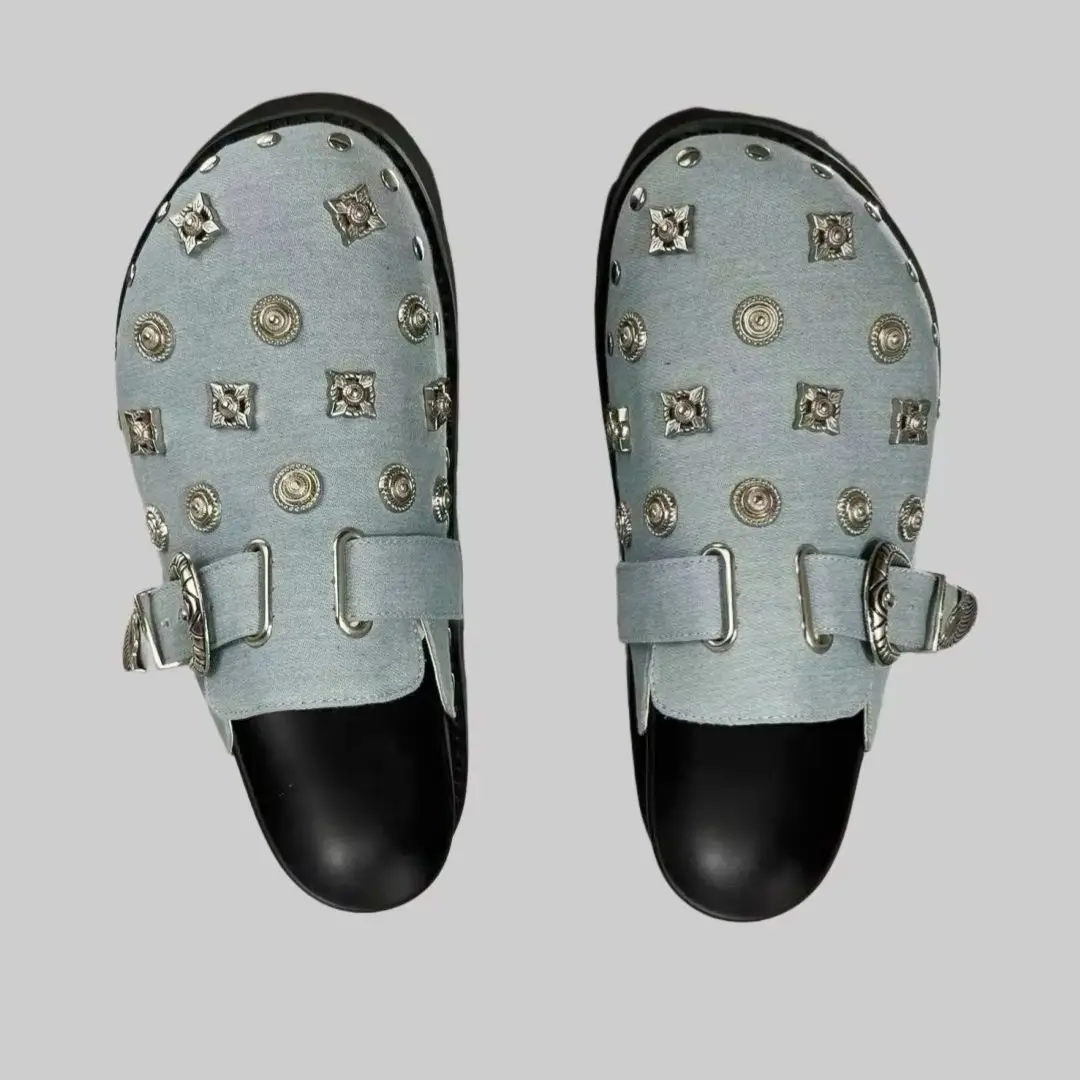 

Flat Thick Sole Sandals Designer Style Blue Canvas Mules Women Slippers Full Rivets Metal Belt Buckle Single Shoes Female Summer