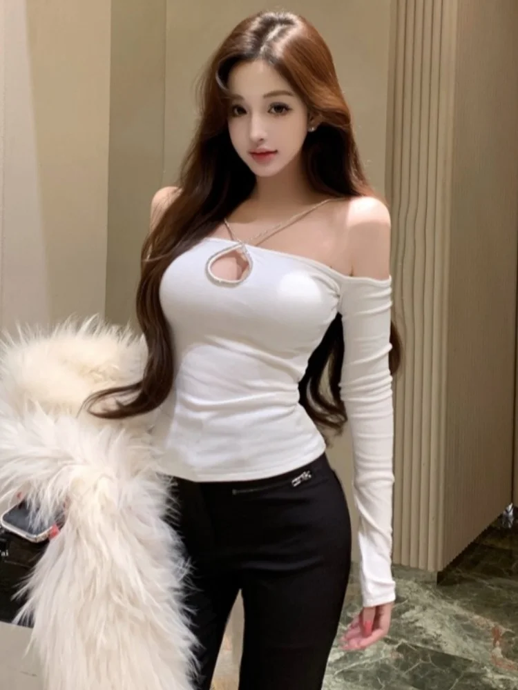 

Sexy Hollow out Date Night Top High Waist Slim Fit Long Leg Pants Two Piece Set Women Winter Commute Korean Style Diamond Emb...