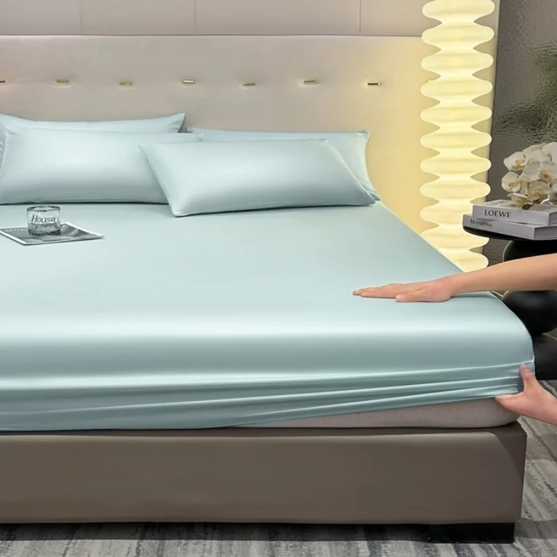1pc Cool Touch Lyocell Fiber Fitted Sheet King 183*203*40cm Modern Simple Home Mattress Cover with Deep Pocket Hotel Bed Sheet