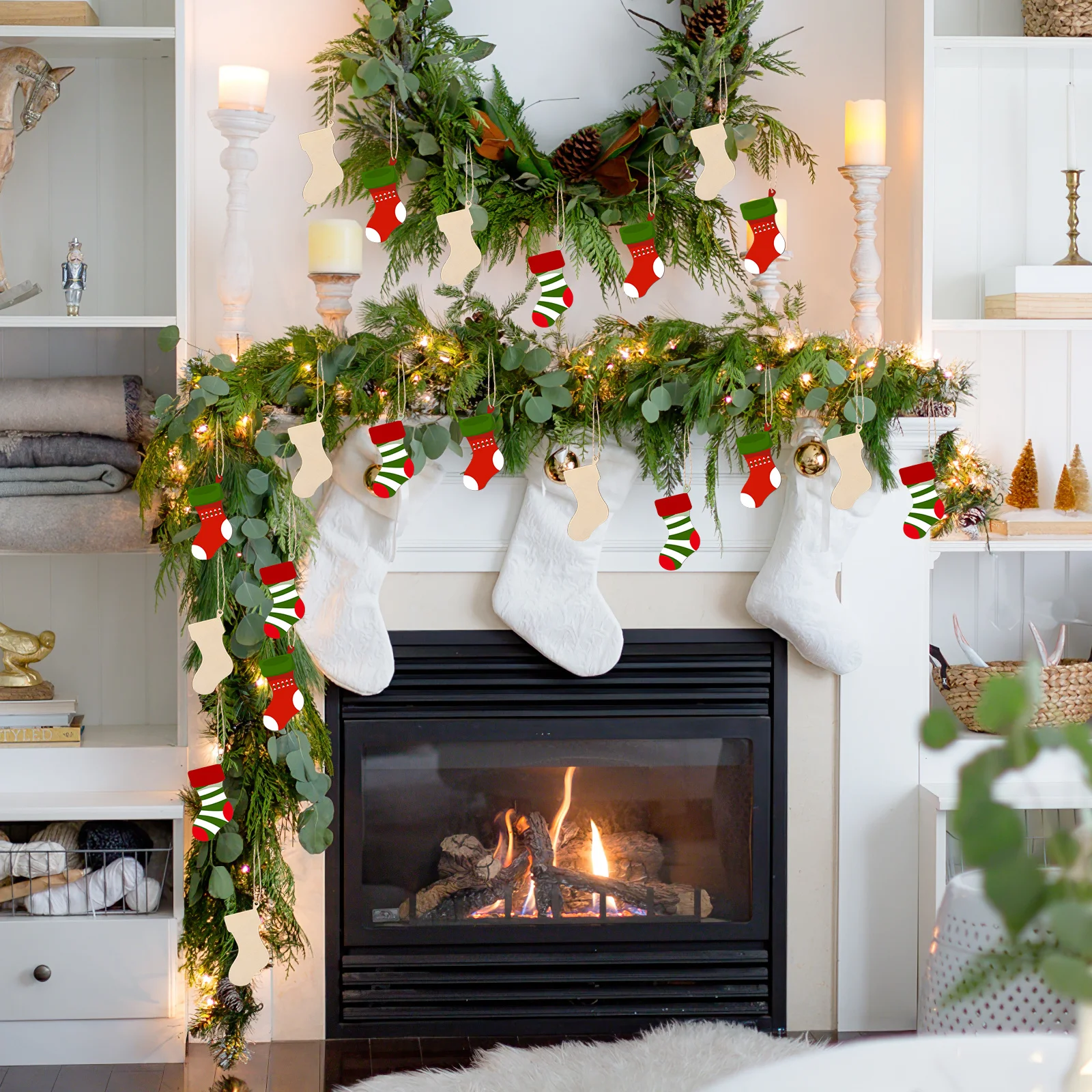 

50pcs Wooden Christmas Stockings Decorative Pieces For Holiday Tree Home Hanging Craft Festive Diy Ornament Wood Decor