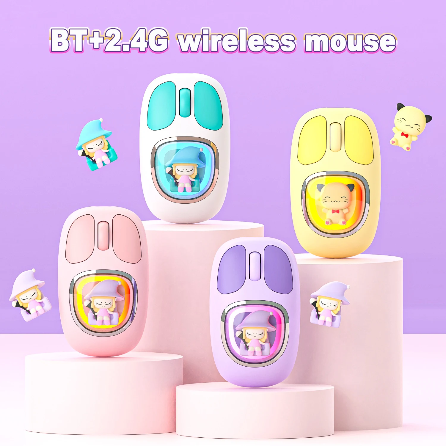 

Kawaii Dual-Mode Mouse Cute Doll Transparent Cartoon Wireless Mause Backlit Rechargeable Mice for Tablets Laptop IPad Kids Gift