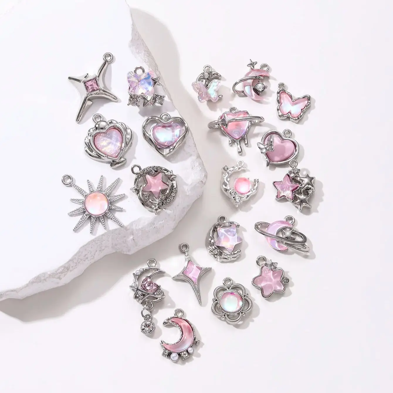 5 Stück Y2k Rosa Stern Schmetterling Mond Herz Inlay Emaille Charms Ziemlich Süß Coole Anhänger Für DIY Halskette Herstellung Zubehör