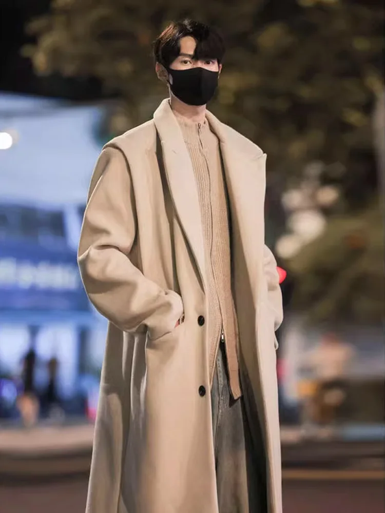 

Korean Khaki Woolen Coat Men's Autumn Winter Mid-Length Knee-Over Woolen Coat High-End Aosphere Outerwear