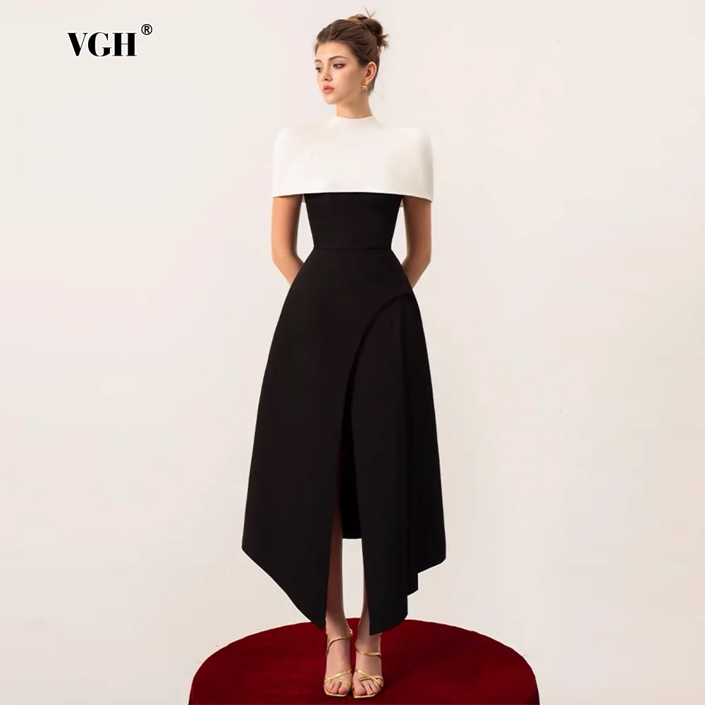 

VGH Hit Color Elegant Long Dress Women Square Collar Sleeveless High Waist Thigh Split Folds Evening Dresses Female Fashion New