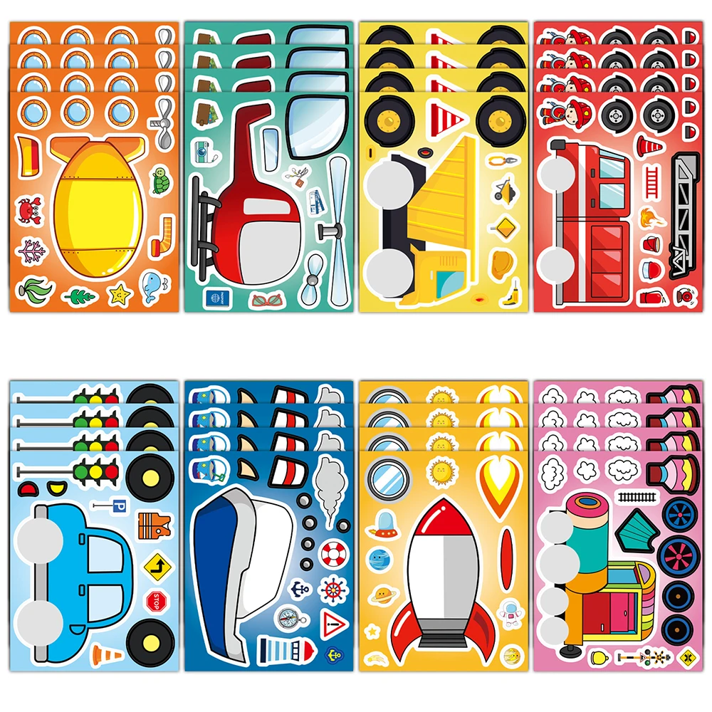 8/16Sheets Cartoon Vehicle Puzzle Stickers Engineering Transportation Kids Educational DIY Cartoon Jigsaw Make a Face Sticker