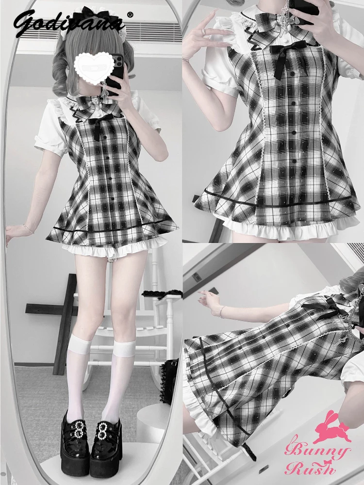 Original Spring and Summer Women's Lolita Shorts Set Sweet Girls Short Sleeve Hot Drilled Plaid Shirt Top + Short 2 Peice Suits