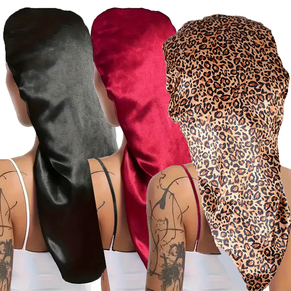 3pcs Leopard Print & Solid Extra Long Tail Satin Hair Bonnet Elastic Sleep Cap For Long Braids Dreadlocks Curly Hair Protection