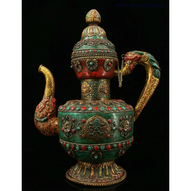 

Old Tibet Bronze Inlay Turquoise Gem Beast Head Wine Tea Pot Flagon Teapot Stoup