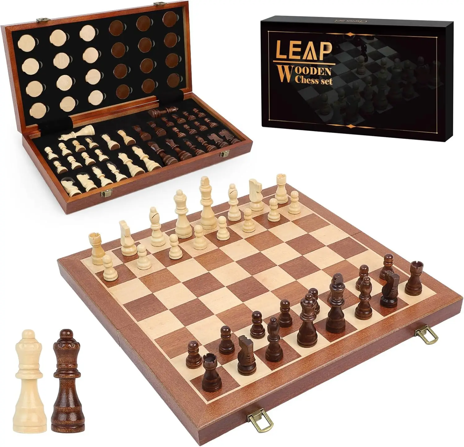 

15-inch Wooden Folding Chess Set with 3-inch King, Portable Travel Chess Board - Sapele & Maple Inlay