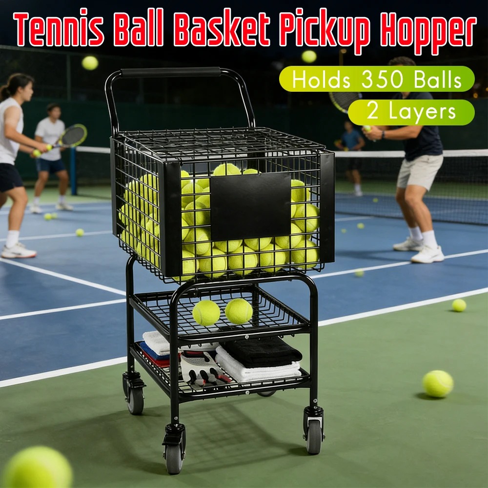 

Корзина-тележка для теннисных мячей на колесах, вместимость 350 мячей, 2 уровня, легкая загрузка, для тренеров, тренировок и обучения на корте